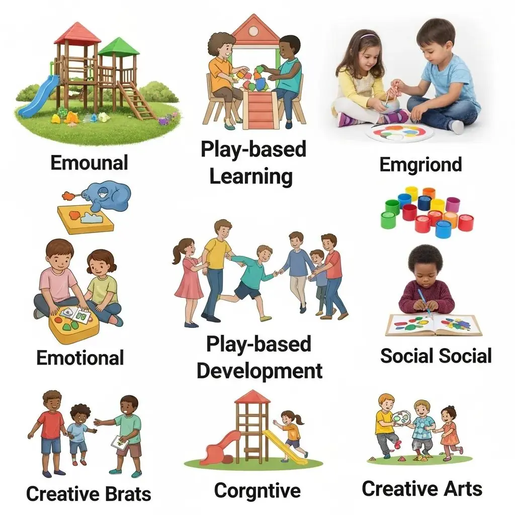 Children engaged in play-based activities promoting emotional, social, cognitive, and creative development, featuring a playground, collaborative projects, and artistic expression.