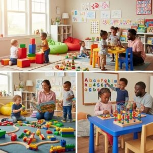Children playing and learning in a vibrant childcare environment, emphasizing trust and growth