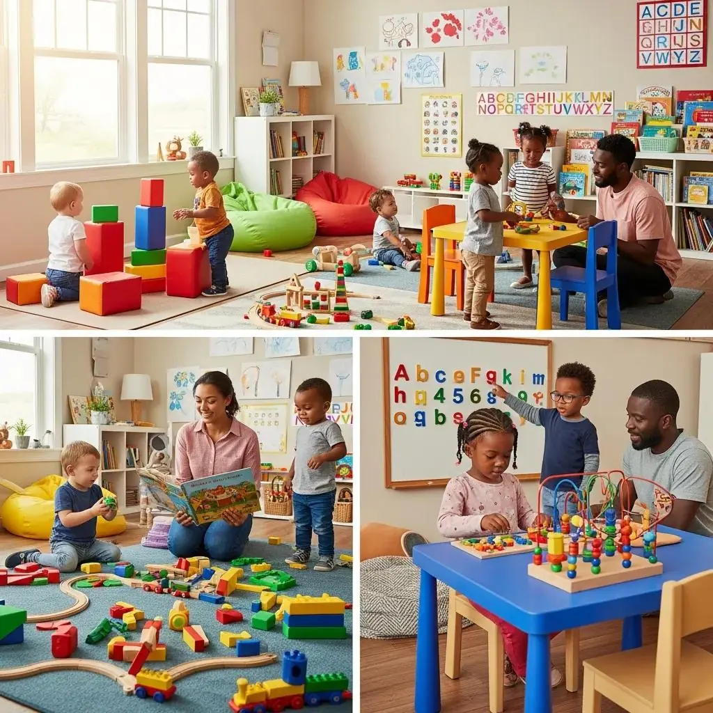 Children engaging in play and learning activities in a vibrant childcare environment, featuring building blocks, educational toys, and interactive learning with caregivers, emphasizing trust and growth at Chroma Early Learning Academy.