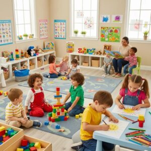 Children playing in a vibrant preschool setting, emphasizing early learning and community