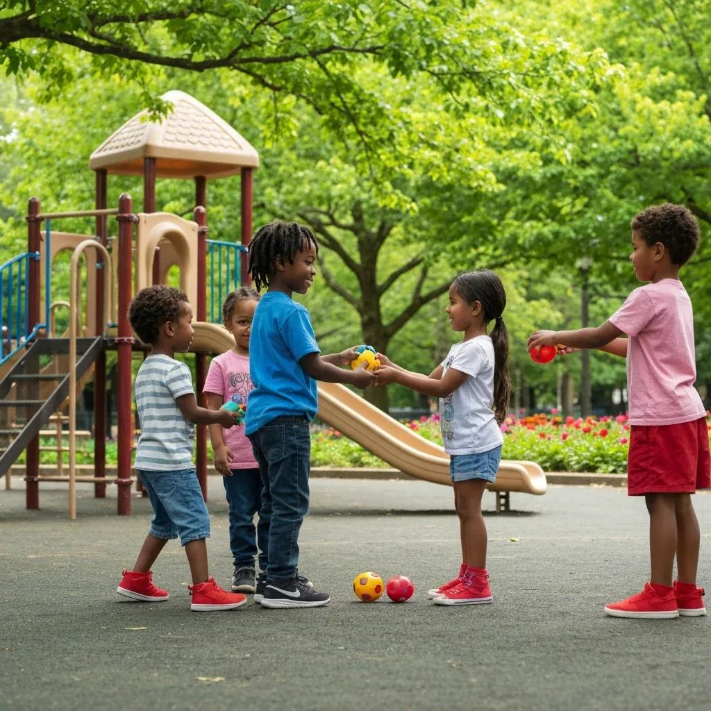 Children playing together in a park, demonstrating social skills like sharing and cooperation, with a playground in the background.