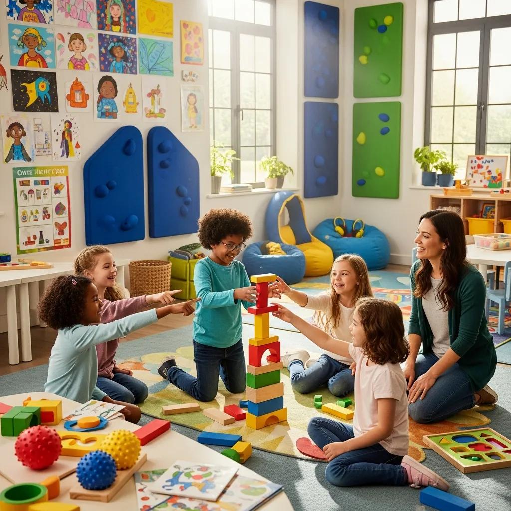 Children with Autism Spectrum Disorder engaging in a supportive classroom environment, collaborating on building a colorful block tower with a teacher, highlighting early intervention strategies and inclusive education practices.