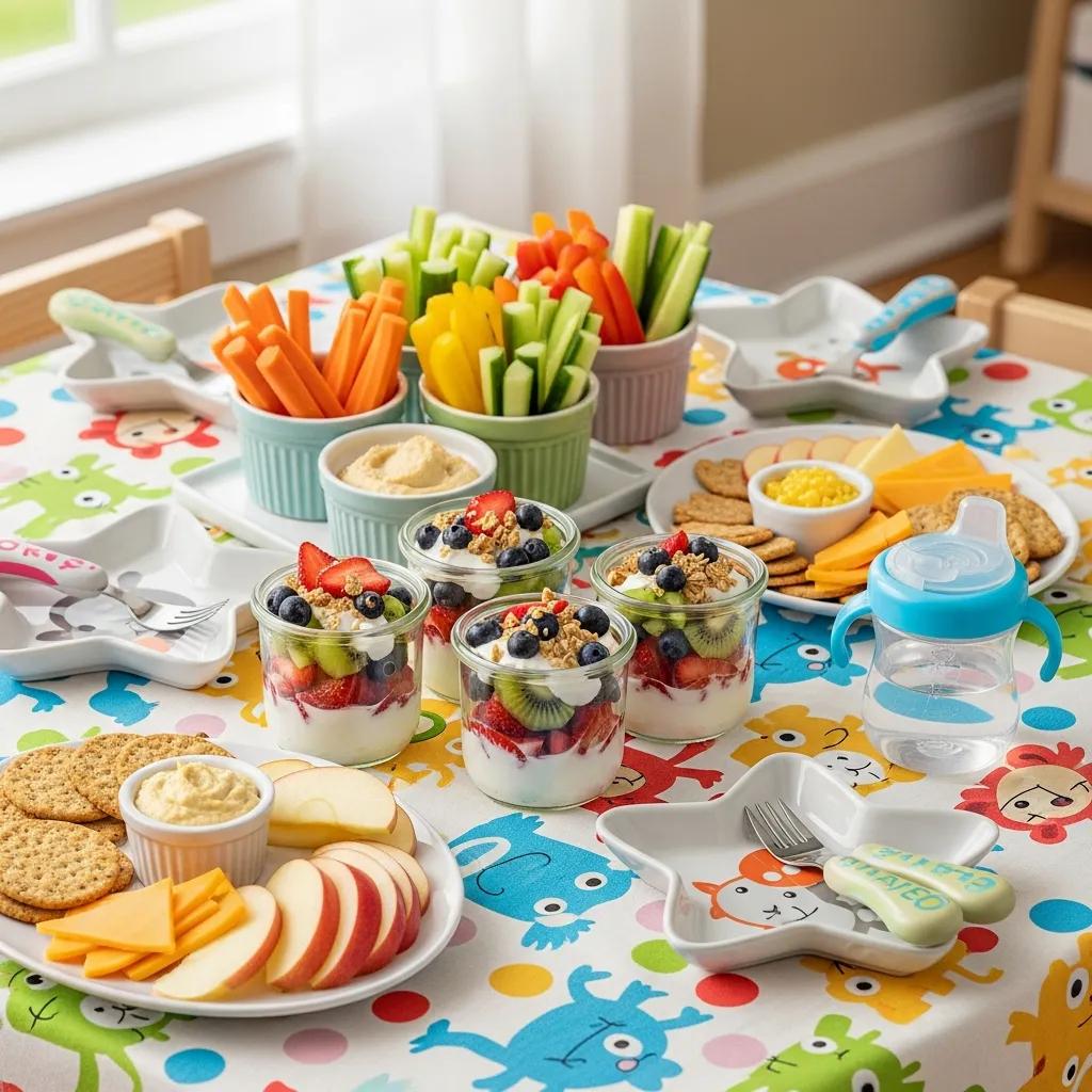 Playful spread of colorful, healthy snacks suitable for toddlers