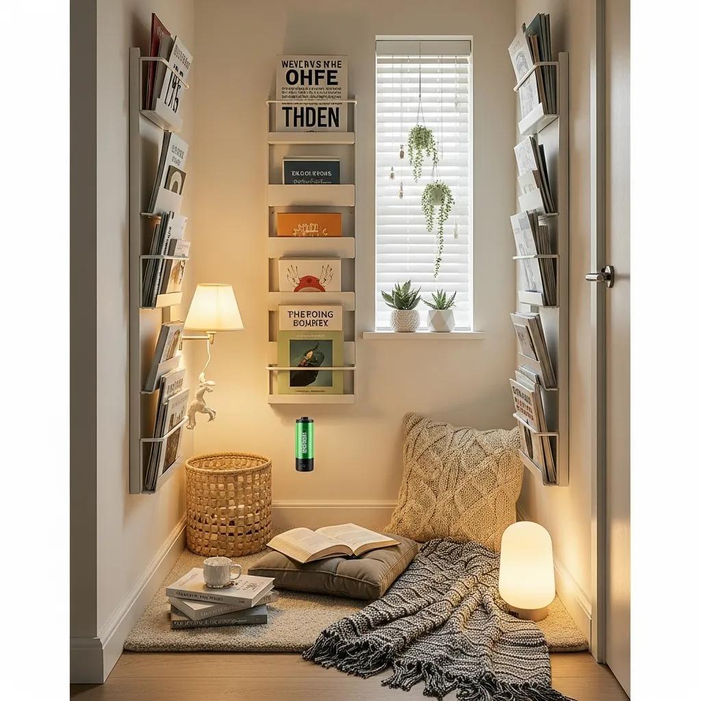 Cozy reading nook featuring vertical book storage, soft cushions, a warm lamp, and a plush rug, designed for children's literacy and comfort in small spaces.