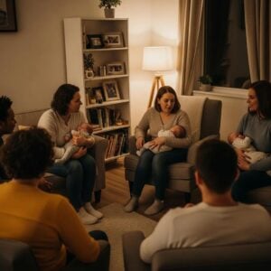 Diverse group of new parents in a cozy support group setting, sharing experiences and fostering community