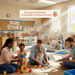 Diverse parents and children in a nurturing childcare setting, highlighting the importance of financial aid and support