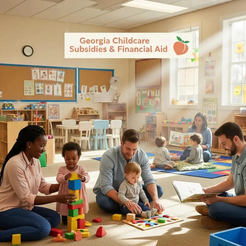 Diverse parents and children engaging in play in a nurturing childcare setting, with a sign reading "Georgia Childcare Subsidies & Financial Aid," highlighting the importance of financial support for families.