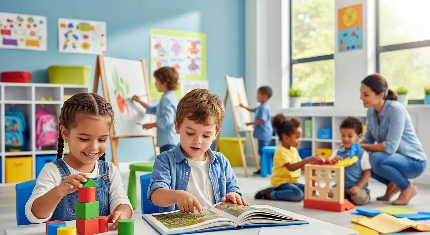 Children engaged in play and learning activities in a colorful classroom setting, with one child stacking blocks and another reading a book, while a teacher interacts with other children at a play station.