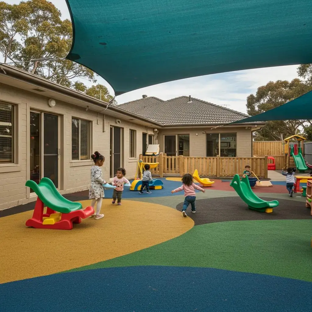 Área de juego exterior de un centro de cuidado infantil, con niños jugando en un entorno seguro y bien mantenido, equipado con columpios y toboganes, bajo una estructura de sombra.