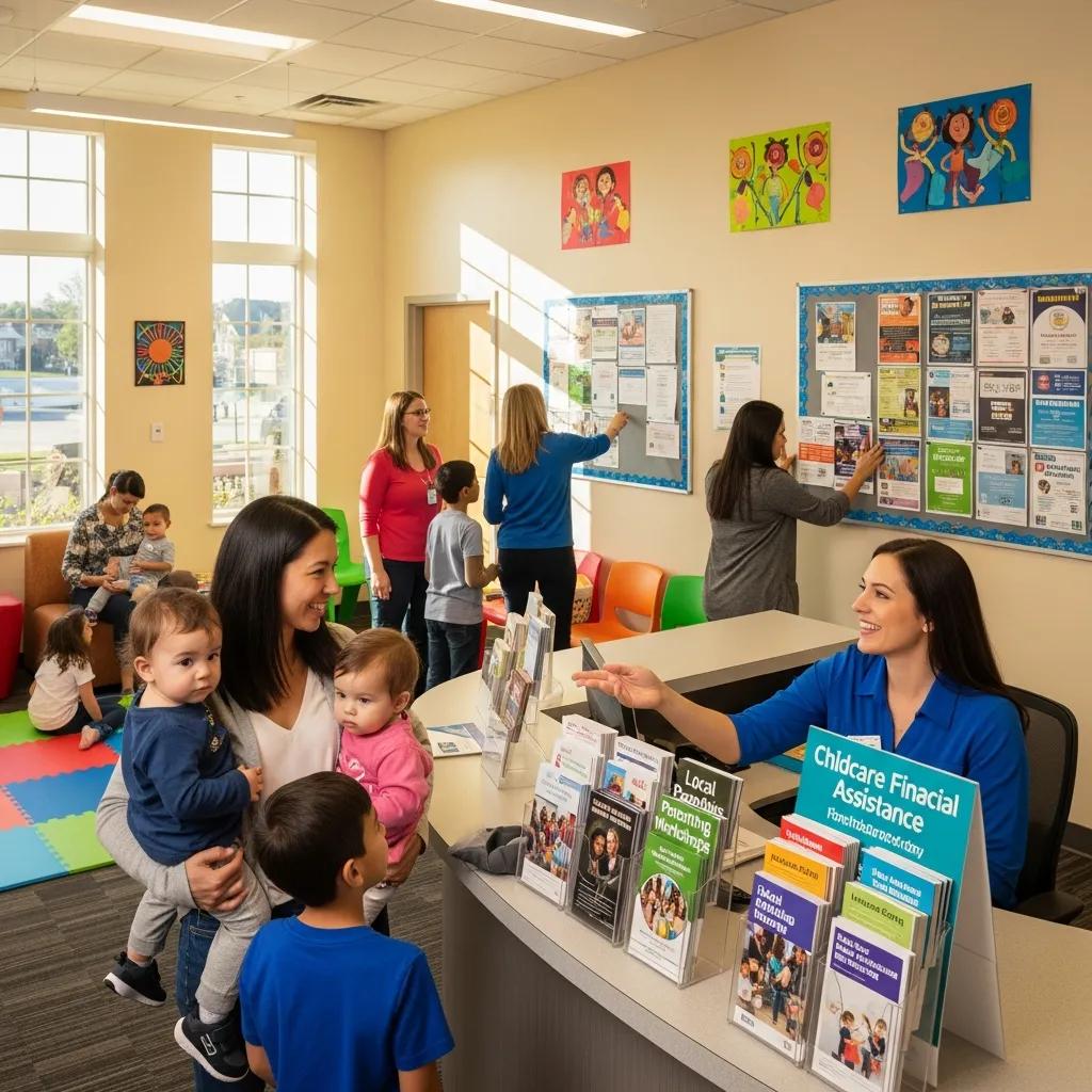 Families engaging with staff at a community resource center, exploring childcare financial assistance options, with informational brochures displayed prominently.