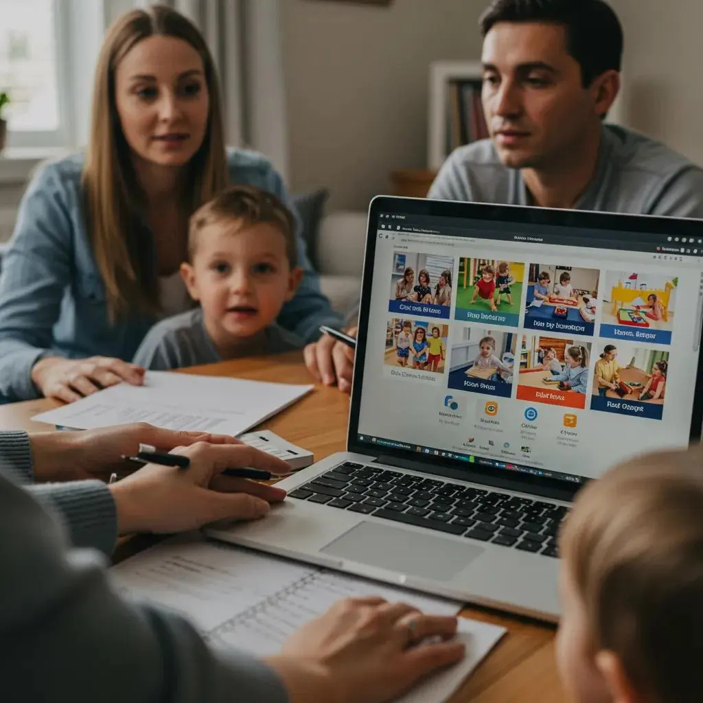 Familia discutiendo opciones de cuidado infantil en casa, revisando un sitio web en laptop que muestra programas de educación infantil, enfatizando calidad y asequibilidad.