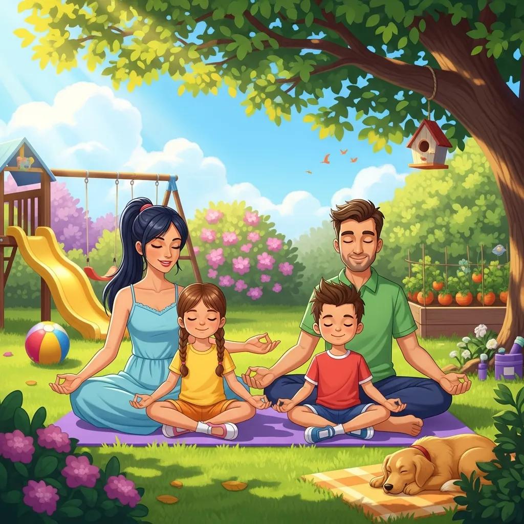 Family practicing mindfulness and stress management techniques in a cheerful backyard, sitting cross-legged on a mat, with a playful atmosphere featuring a playground, flowers, and a sleeping dog.