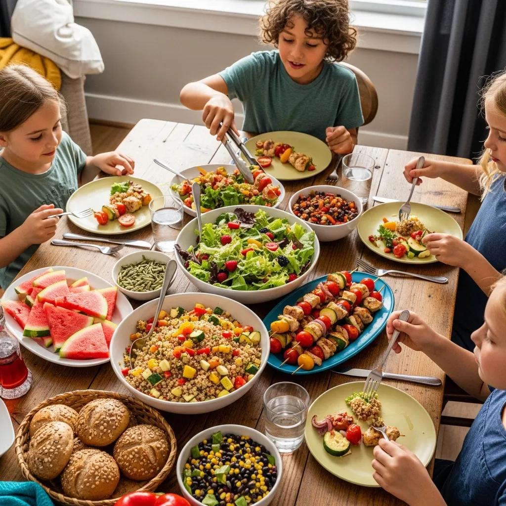 Family‑style meal where children serve themselves a balanced plate