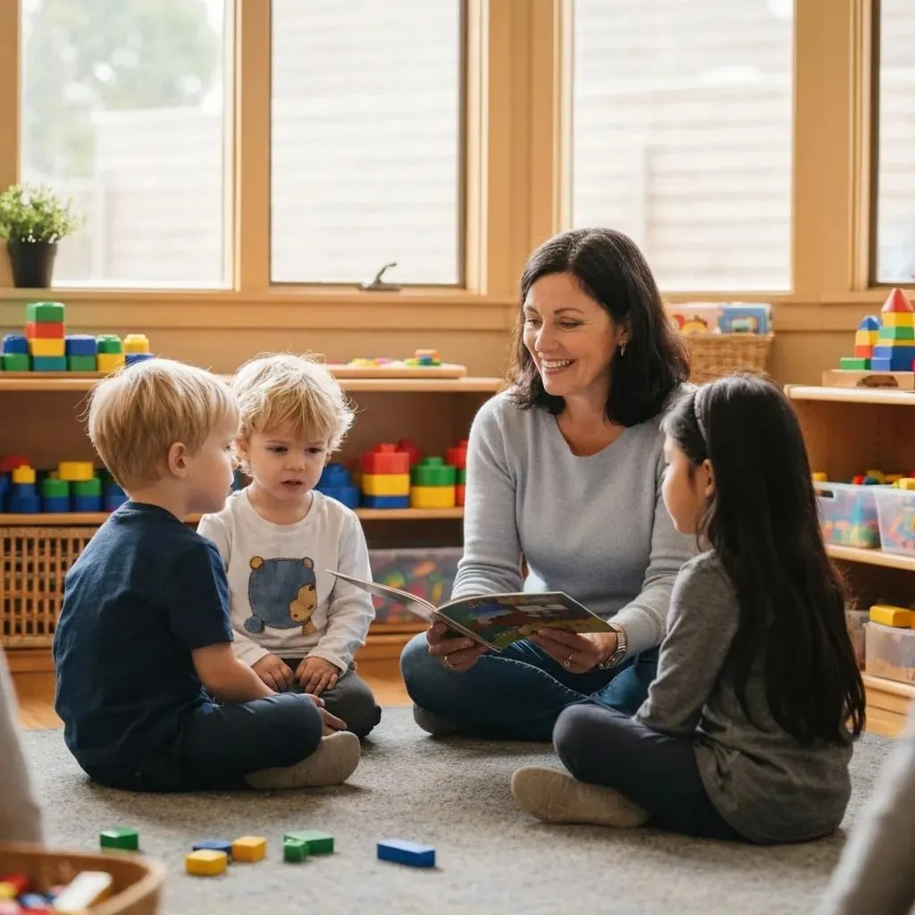 Children engaged in a reading activity with a teacher in a preschool setting, surrounded by colorful building blocks and educational toys, illustrating the importance of interactive learning and social-emotional development in early childhood education.