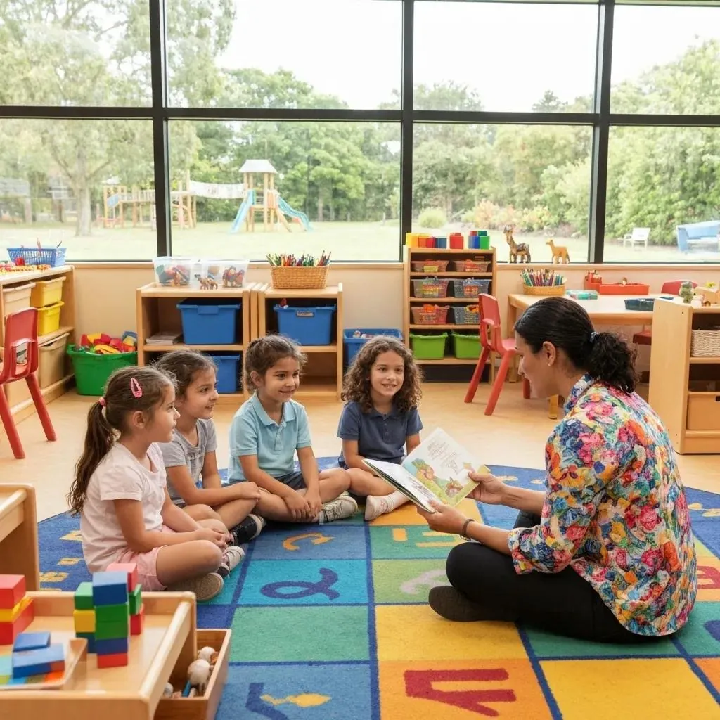 Children engaged in circle time with a caregiver reading a story, colorful classroom setting with educational toys and outdoor play area visible through windows, emphasizing early literacy and social interaction in preschool education.
