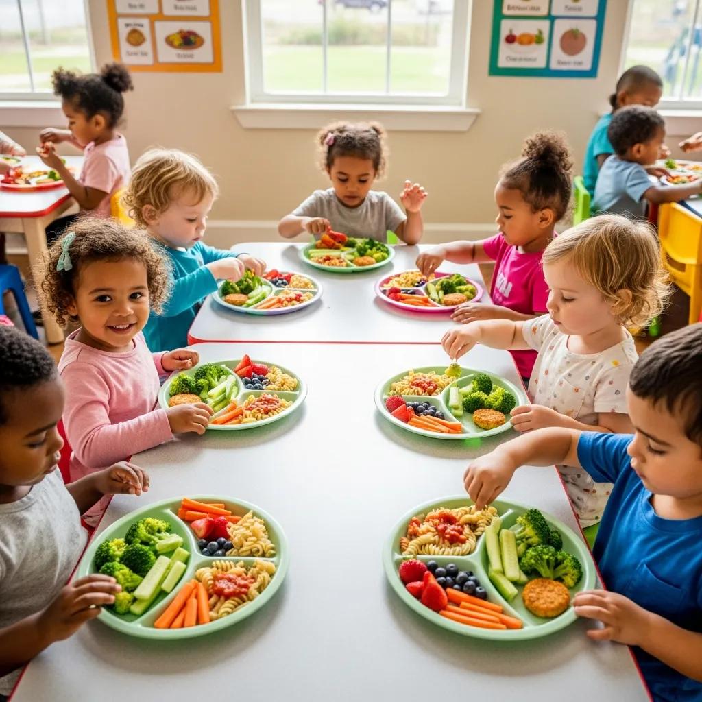 Children enjoying nutritious meals with colorful fruits and vegetables at Chroma Early Learning Academy, promoting healthy eating and holistic development.