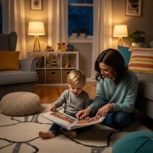 Parent and child engaging in mindful reading together in a cozy living room, emphasizing emotional connection and presence