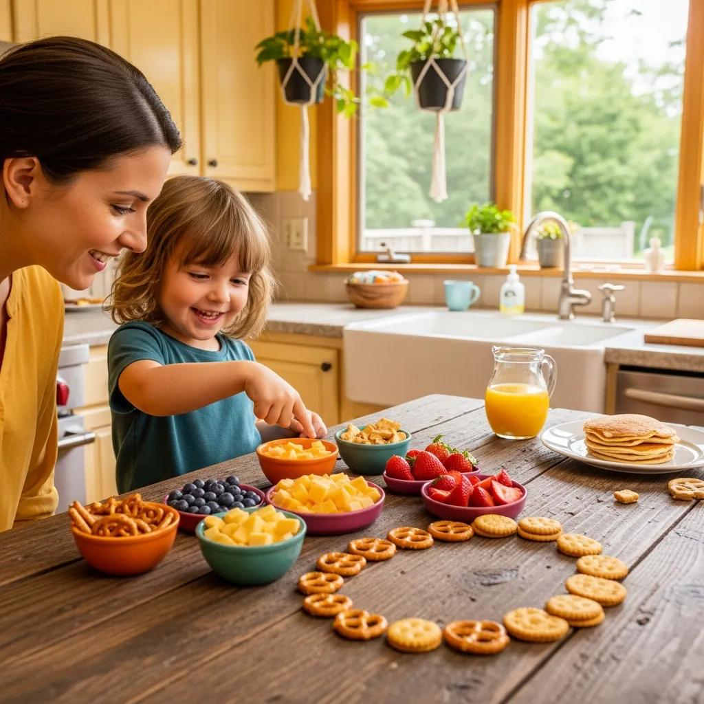 Parent and child engaging in a counting game with colorful snacks in a cozy kitchen, promoting early numeracy skills and playful learning activities.