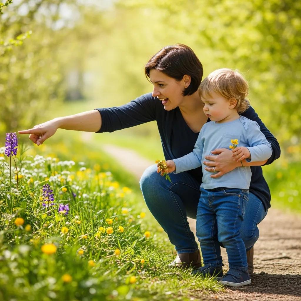 Parent and child enjoying a sensory walk in nature, engaging with flowers and fostering connection through exploration and mindfulness.