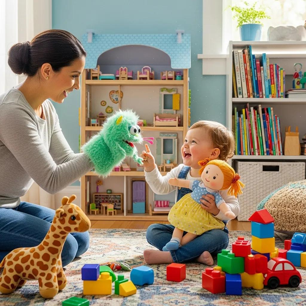 Parent and toddler engaged in pretend play with a green puppet and dolls, fostering language development through interactive activities in a colorful playroom.