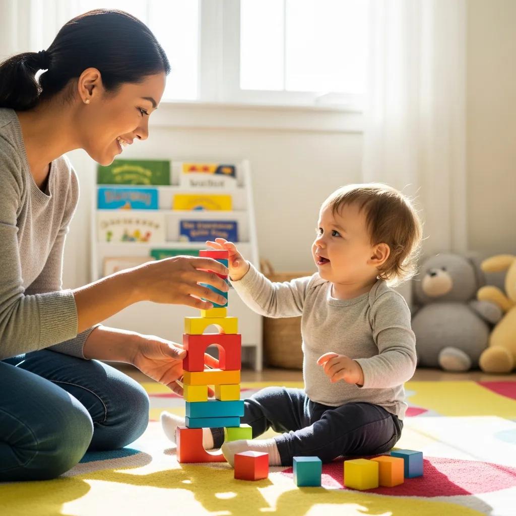 Parent and toddler engaging in positive discipline activity, playing with colorful building blocks on a bright play mat, fostering emotional growth and learning.
