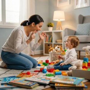 Parent and toddler engaging in playful communication in a cozy living room
