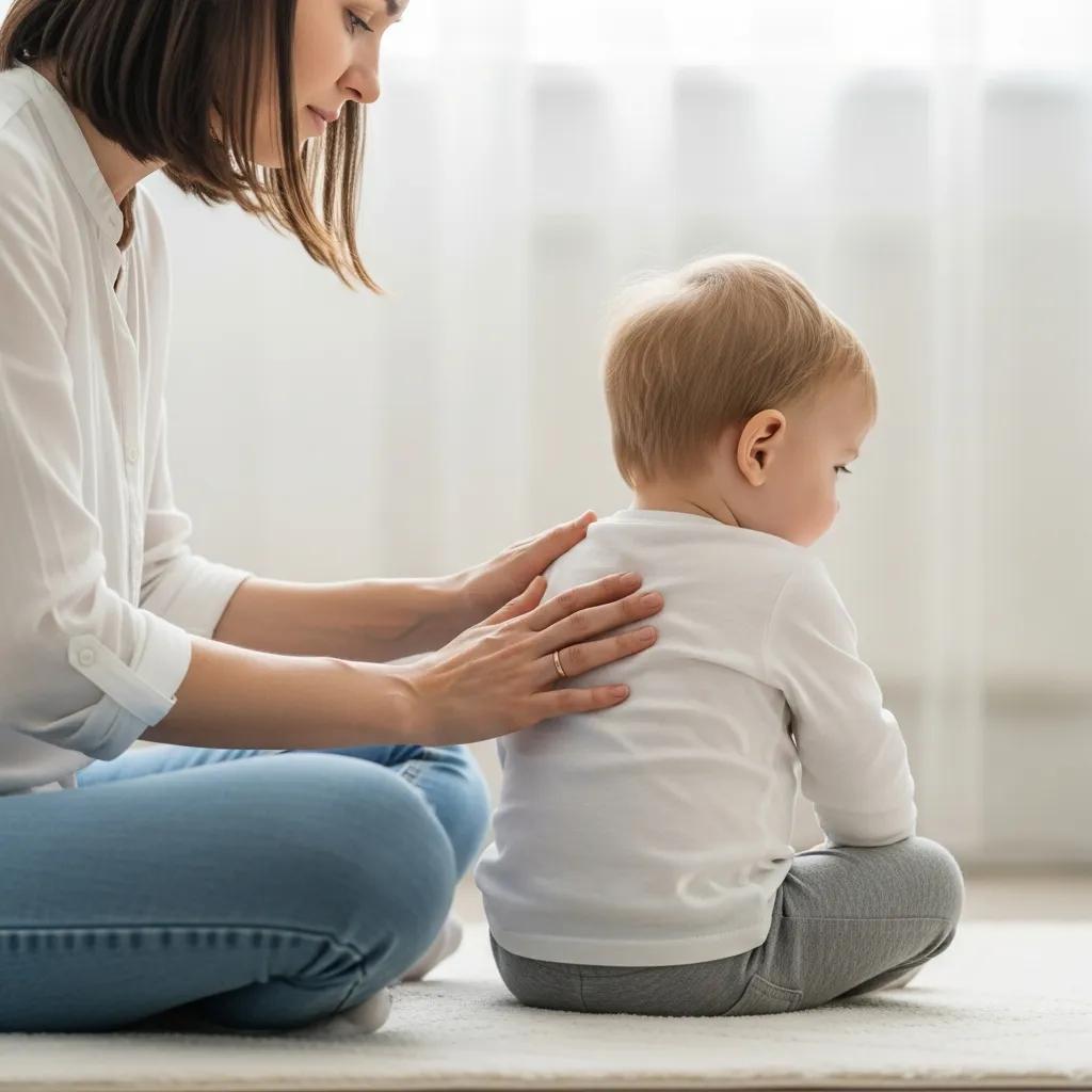 Parent calmly supporting a toddler during a tantrum with a soothing gesture, emphasizing emotional validation and comfort.