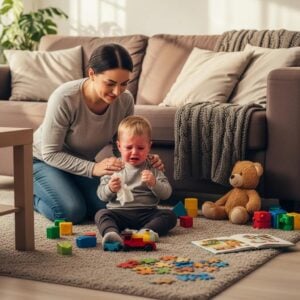 Parent comforting a toddler during a tantrum in a cozy living room