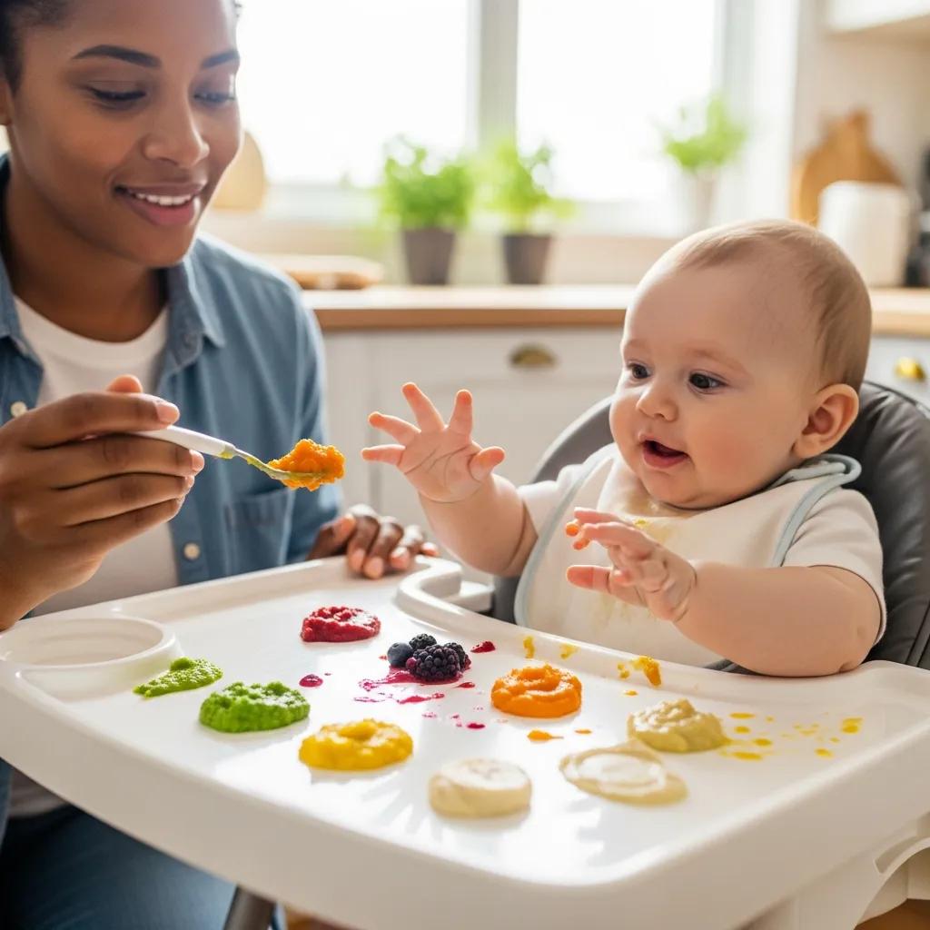 Mother introducing solid foods to an infant, featuring colorful purees on a high chair tray, emphasizing safe food introduction and infant feeding practices.