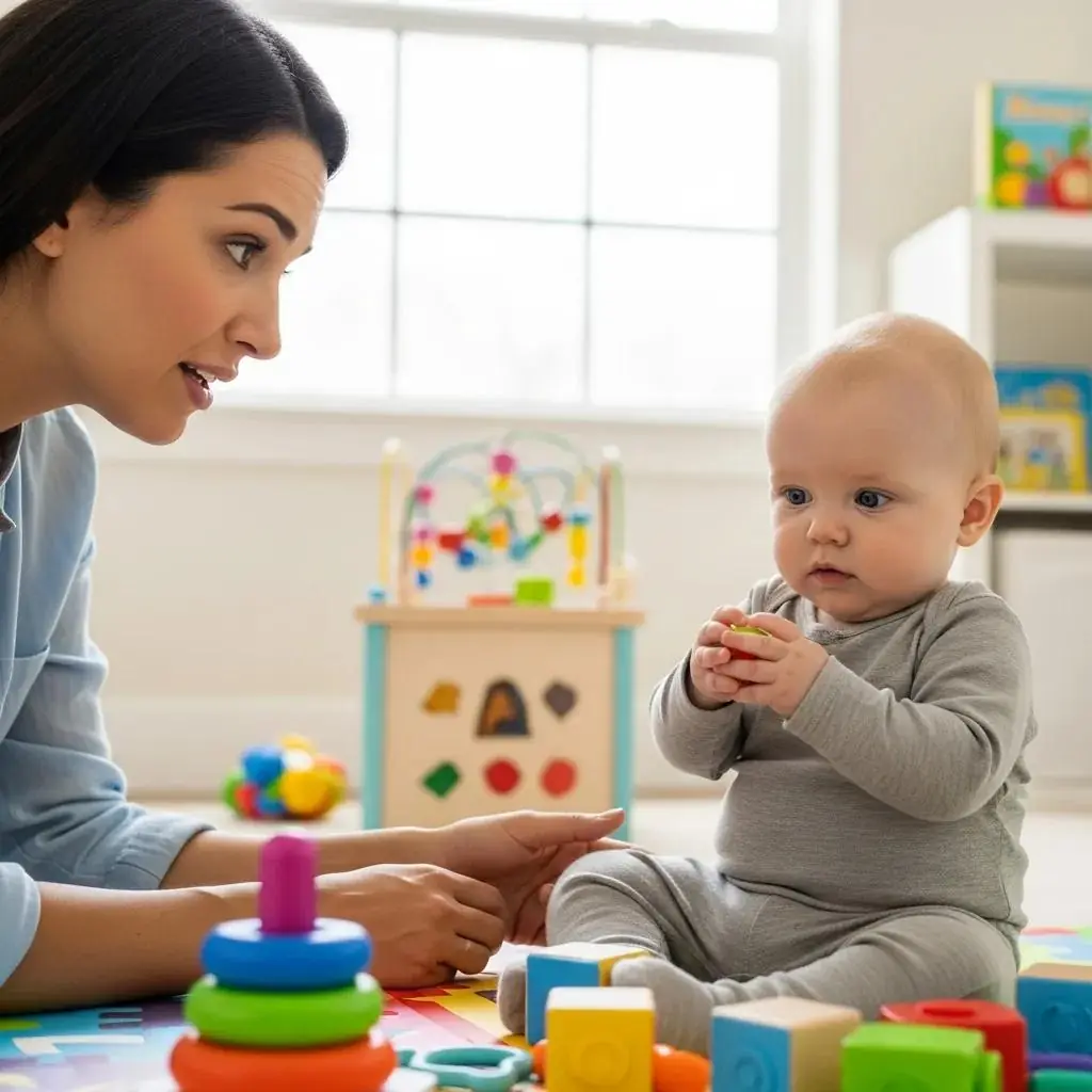 Mother engaging with infant during playtime, observing developmental milestones with colorful toys, highlighting early signs of developmental delays.
