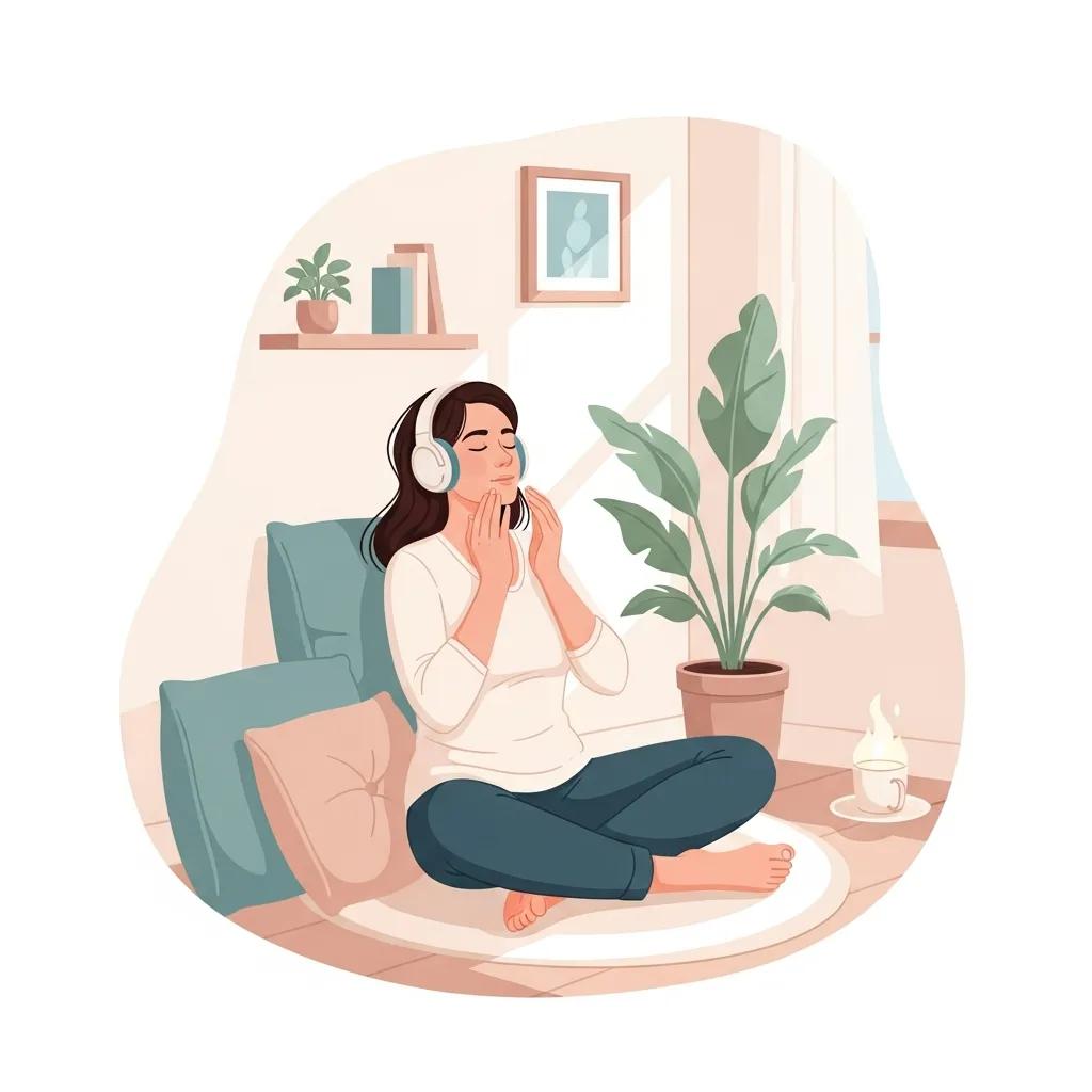 Parent practicing self-care techniques in a peaceful home environment, emphasizing mindfulness and emotional regulation to reduce parental stress.