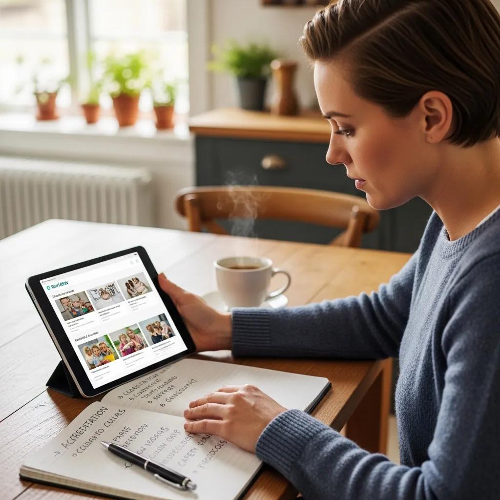 Mujer revisando opciones de programas de cuidado infantil en una tablet, con una taza de café y un cuaderno en la mesa, ilustrando el proceso de selección de programas acreditados.