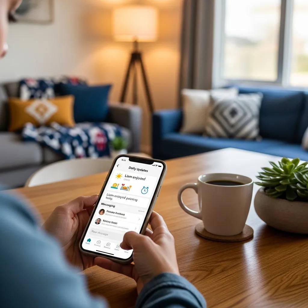 Parent using mobile app to communicate with teachers, displaying daily updates and messaging features, in a cozy home setting with a coffee cup and plant.