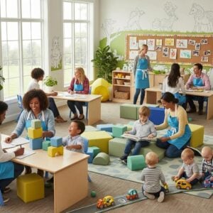 Parents and children engaging in the childcare enrollment process in a welcoming facility