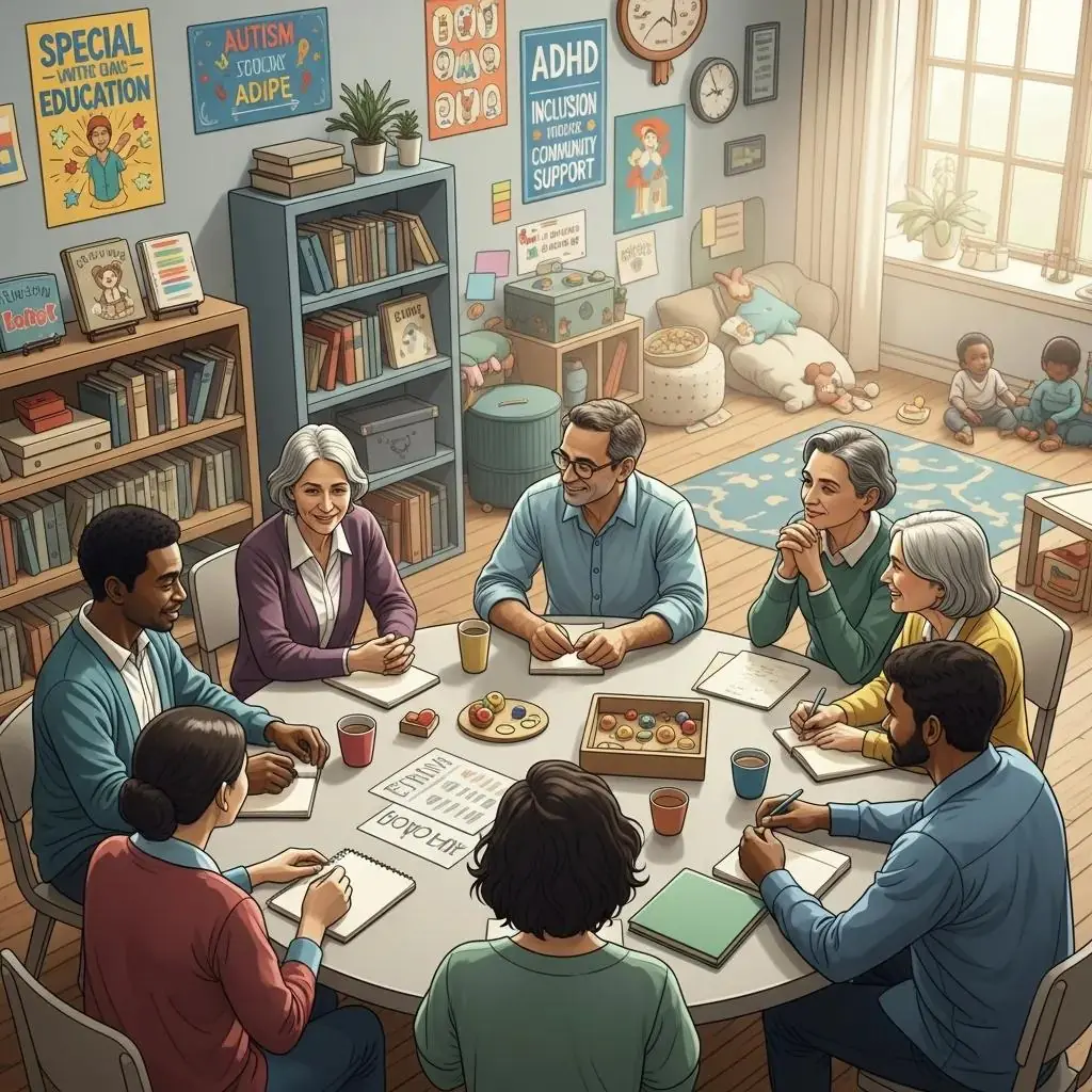 Parents and professionals discussing resources for children with developmental differences in a supportive community setting, with educational materials on autism and ADHD visible in the background.