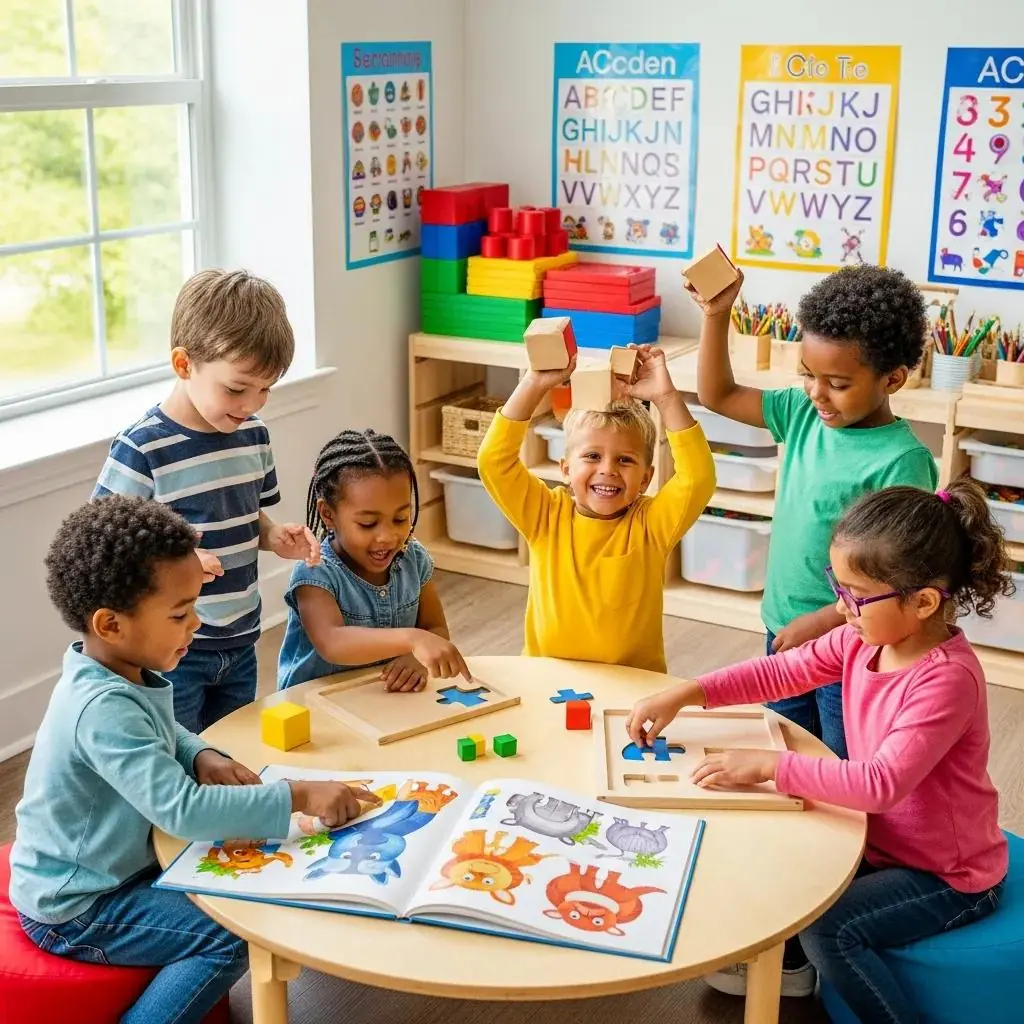 Preschool children engaged in a group learning activity with colorful educational toys and books, showcasing social skills development and creative expression in a nurturing classroom environment.