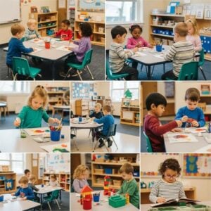 Preschool children engaged in learning activities in a colorful classroom