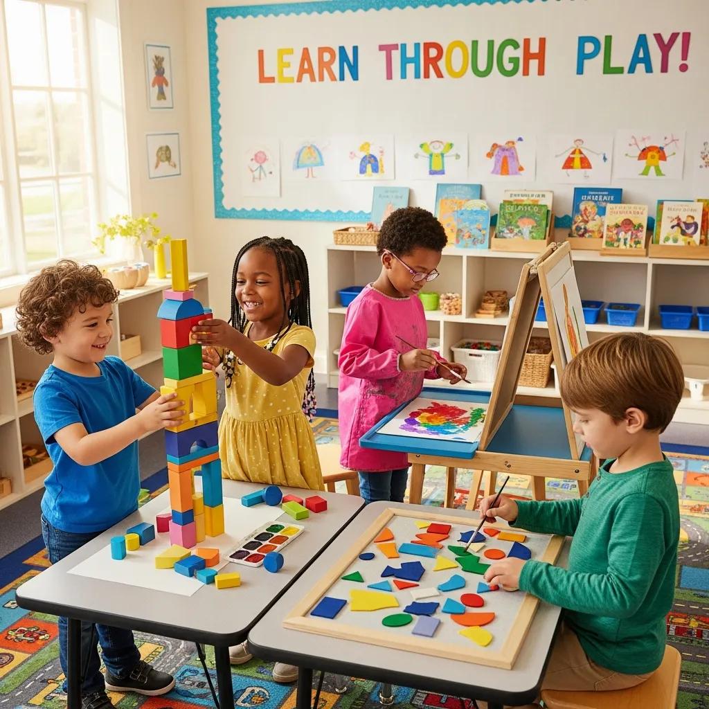 Children engaged in play-based learning activities, building blocks and creating art, with a "LEARN THROUGH PLAY!" sign in a colorful preschool classroom, highlighting creativity and social-emotional development.
