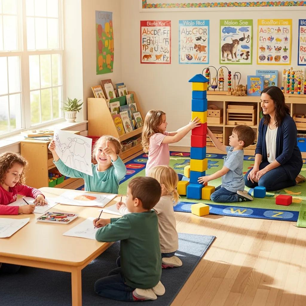 Preschool children engaged in various learning activities, including drawing and building with blocks, in a colorful classroom setting, highlighting cognitive and social development.
