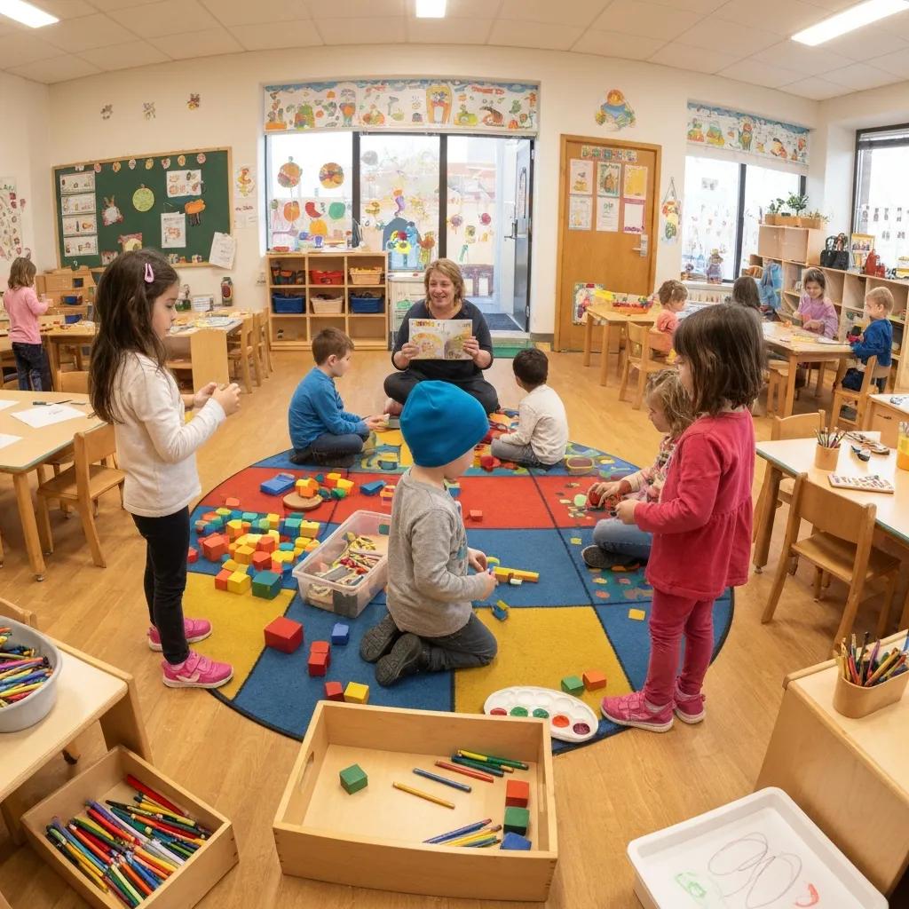 Preschool classroom with children engaging in play, caregiver reading, colorful learning environment with educational materials and toys.