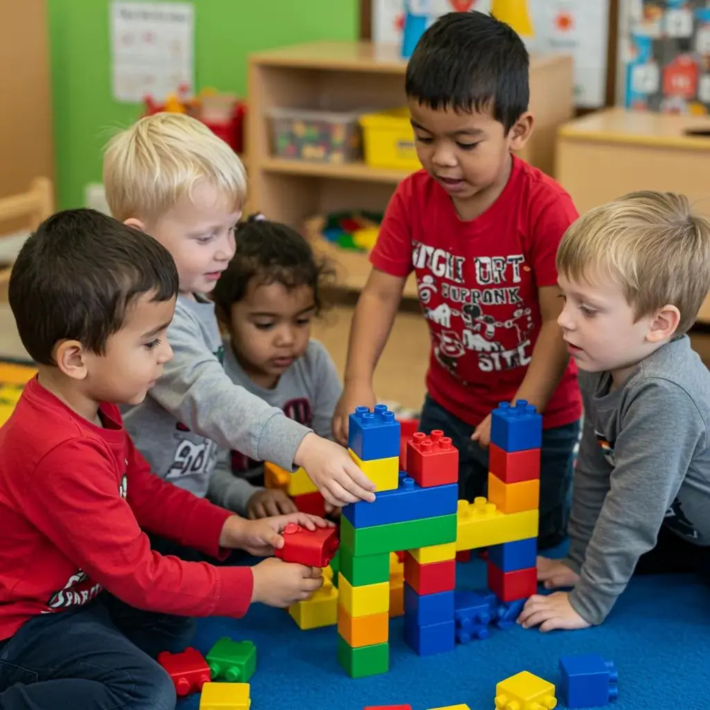 Preschoolers collaboratively building a colorful structure with blocks, showcasing teamwork, problem-solving, and engagement in early STEM education activities.