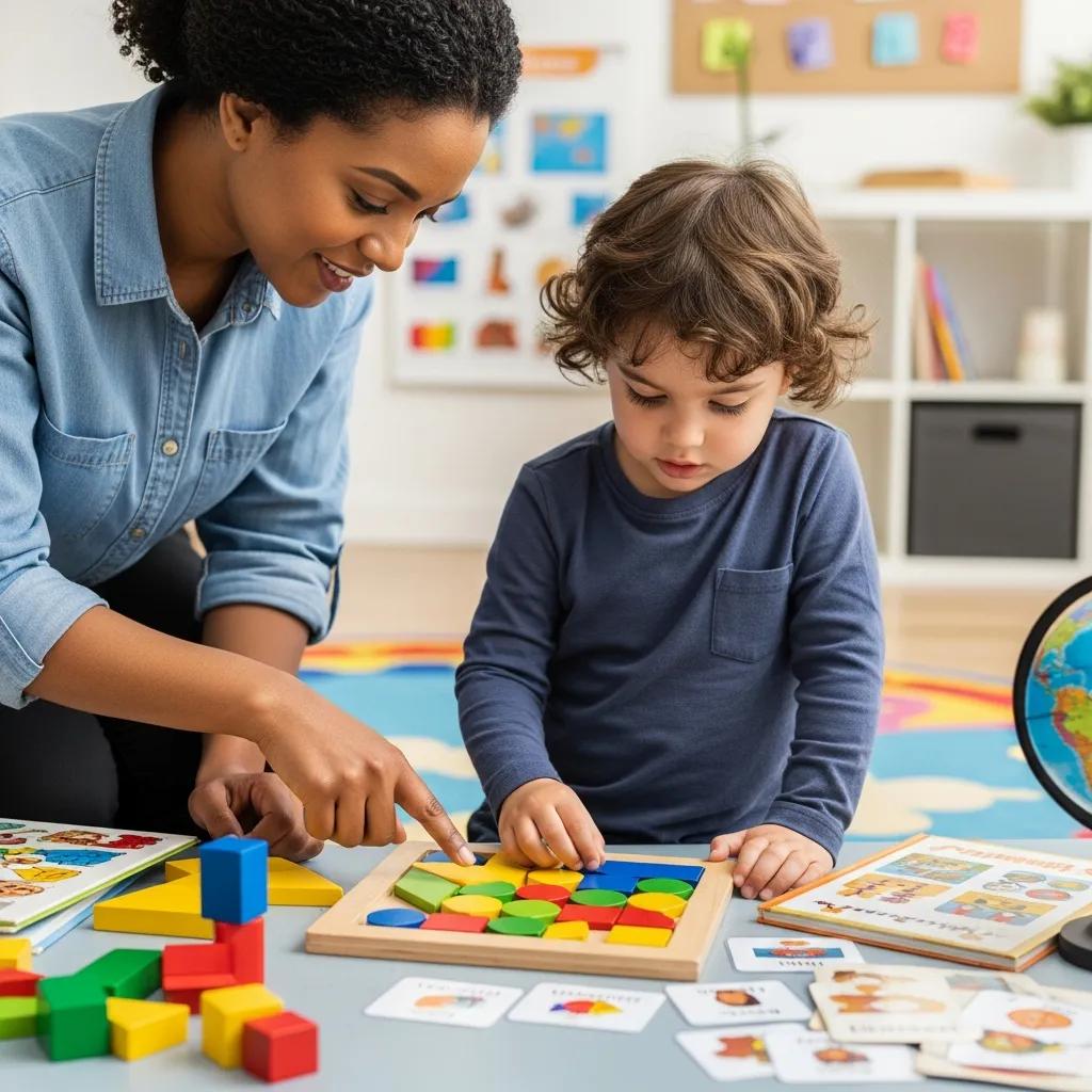 Qualified educator engaging with a child in hands-on learning activity, using colorful shapes and puzzles to promote cognitive development and support early education principles.