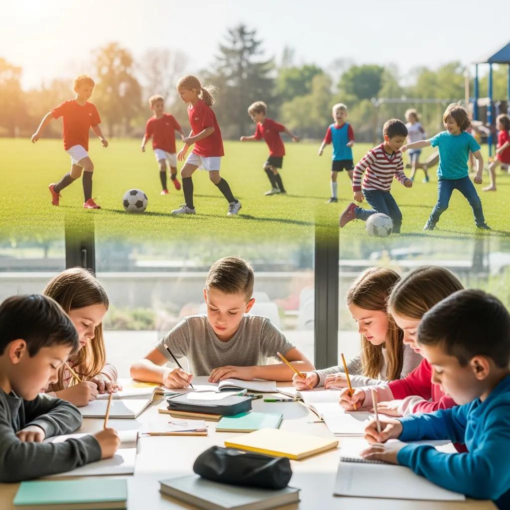 School-age children engaged in after-school activities, including homework assistance and recreational play, with kids playing soccer outdoors and others focused on studying indoors.