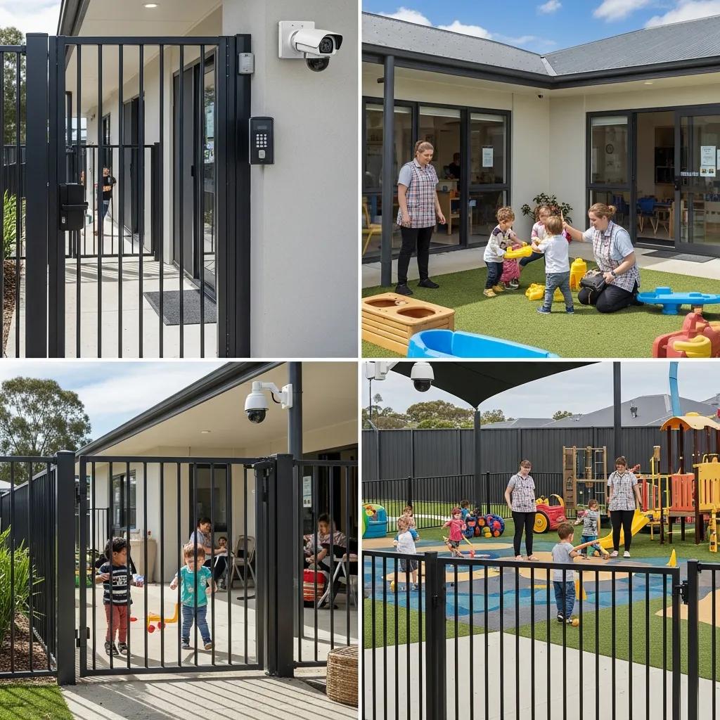 Secure childcare environment with safety features, children playing outdoors, staff supervising activities, and surveillance cameras ensuring safety at Chroma Early Learning Academy's South Cobb Campus.