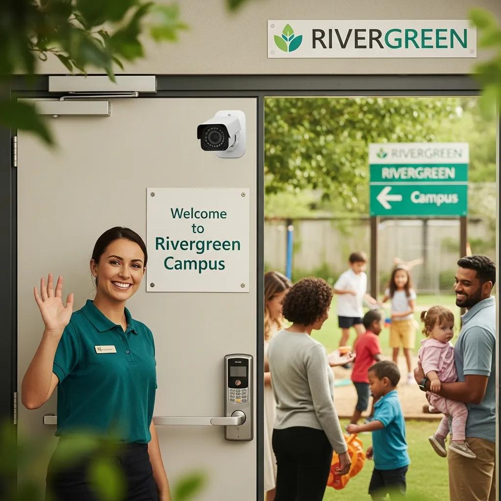 Staff member greeting families at secure entry point of Rivergreen Campus, with safety monitoring systems visible and children playing in the background.