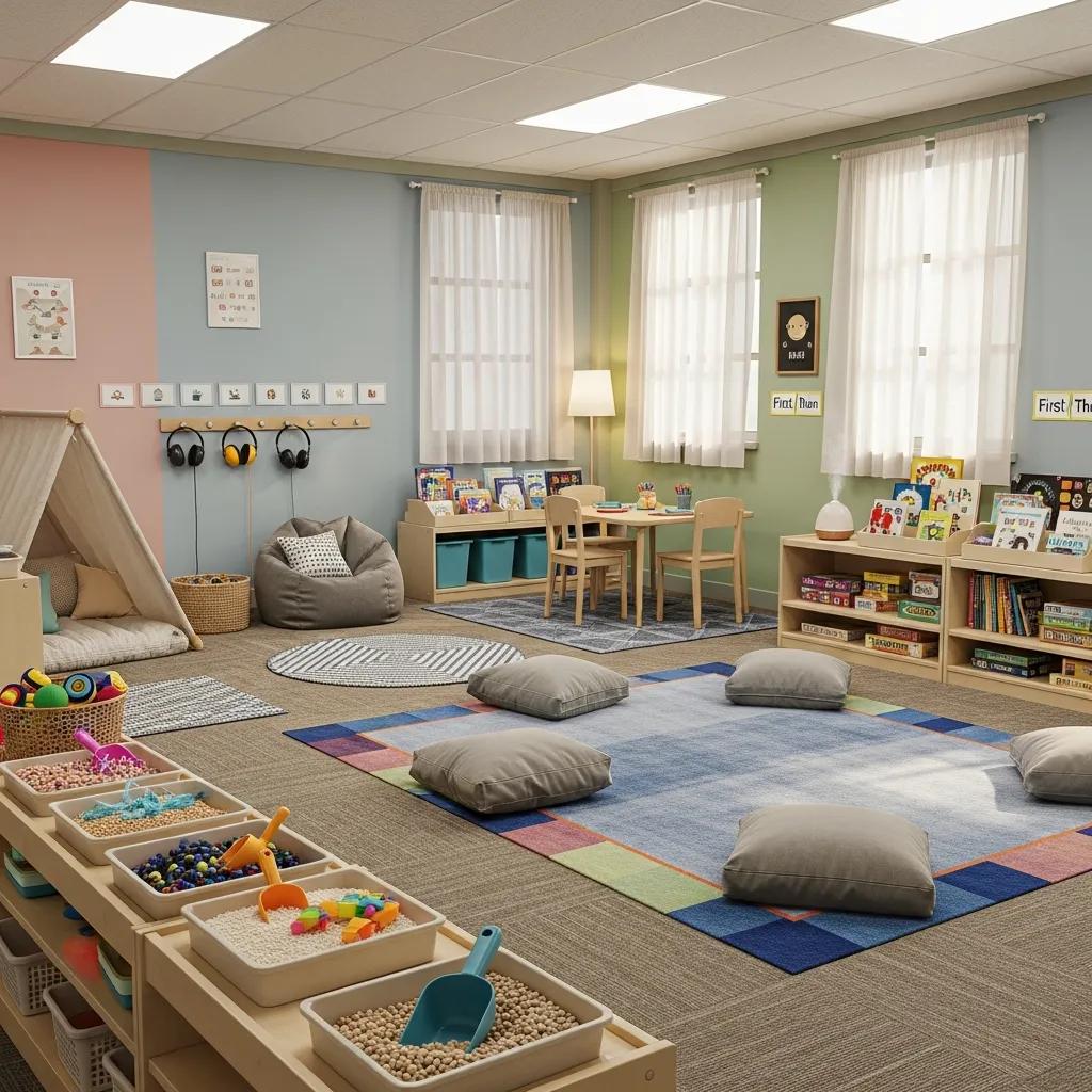 Sensory-friendly classroom setup with soft lighting, cozy seating areas, and sensory tools, promoting emotional regulation and focus for children with autism.