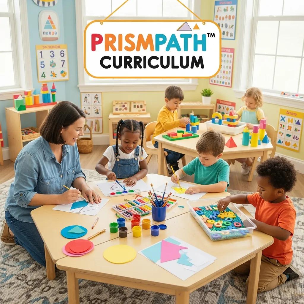Teacher guiding preschool children in hands-on learning activities with the Prismpath™ curriculum, emphasizing creativity and collaboration in a vibrant classroom setting.