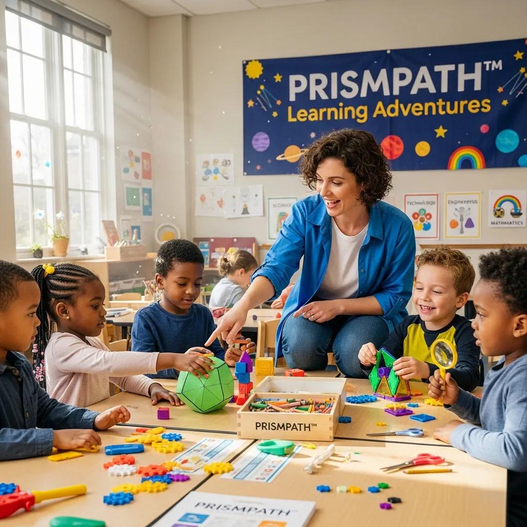 Teacher guiding preschool children through hands-on STEAM activity with Prismpath™ curriculum materials in a colorful classroom setting.