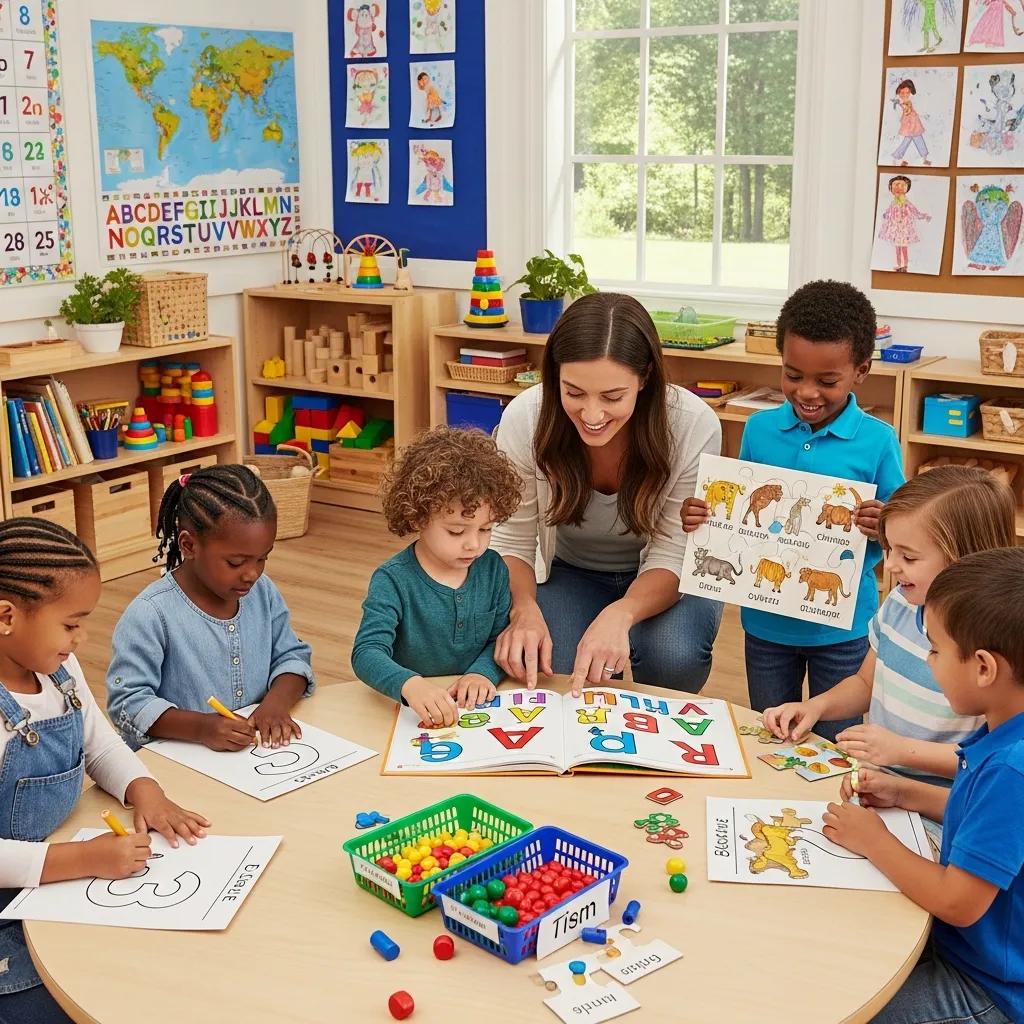 Teacher guiding preschoolers in hands-on learning activity, engaging with colorful letters and animal illustrations, promoting early childhood education through the Prismpath™ curriculum at Chroma Academy.