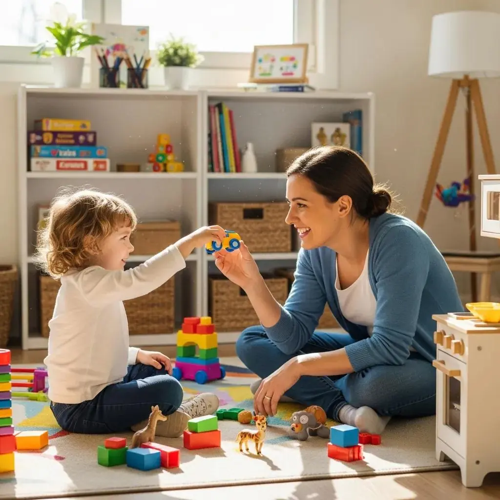 Therapist engaging in early intervention therapy with a child, using colorful toys in a supportive learning environment, promoting developmental skills and communication.